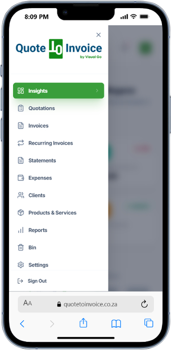 The Quote to Invoice menu on a phone, showing Quotations, Invoices, Statements and Clients
